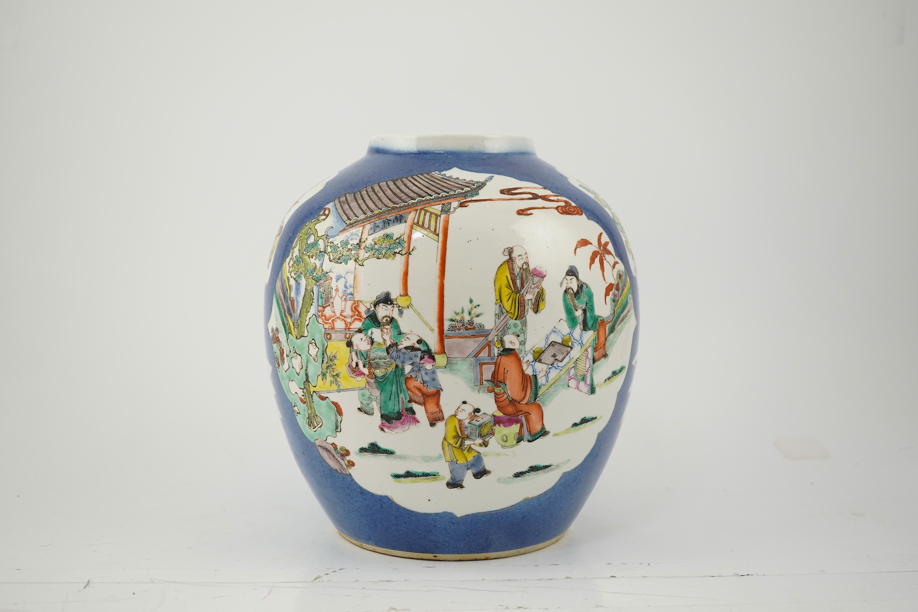 A large Chinese powder blue ground famille rose jar, late 19th century